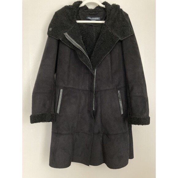 French Connection Faux Shearling Hooded Coat Jacket SMALL Black - Picture 1 of 13